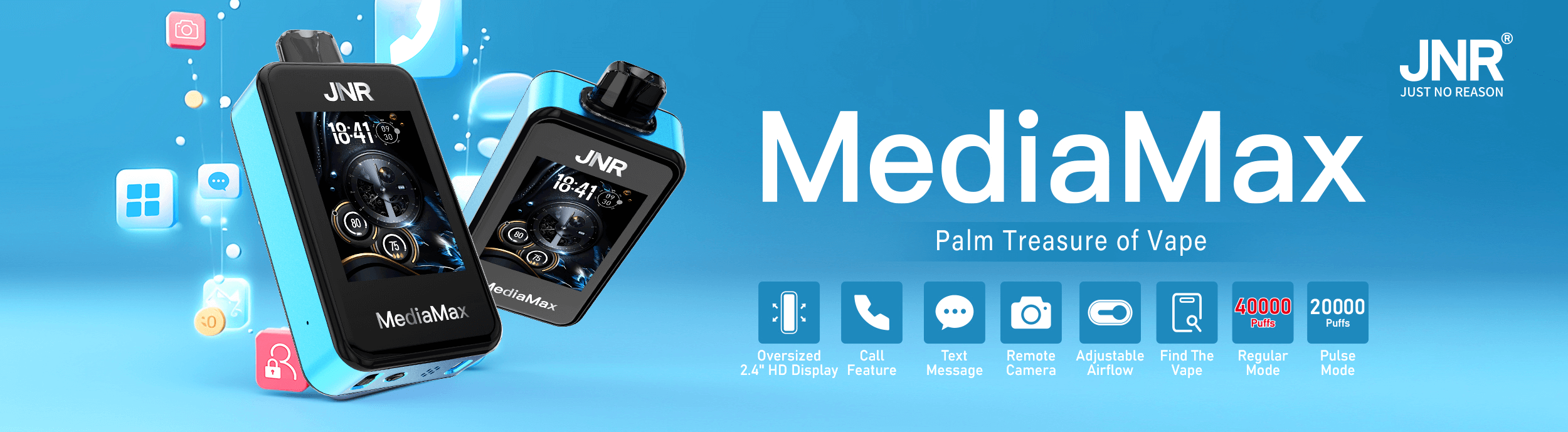 Advertentie voor "MediaMax"-vapeproducten met functies als een groot HD-scherm, een belfunctie, een sms-functie, een camera op afstand, instelbare luchtstroom en modusopties, met een achtergrond van app-pictogrammen en JNR-branding.