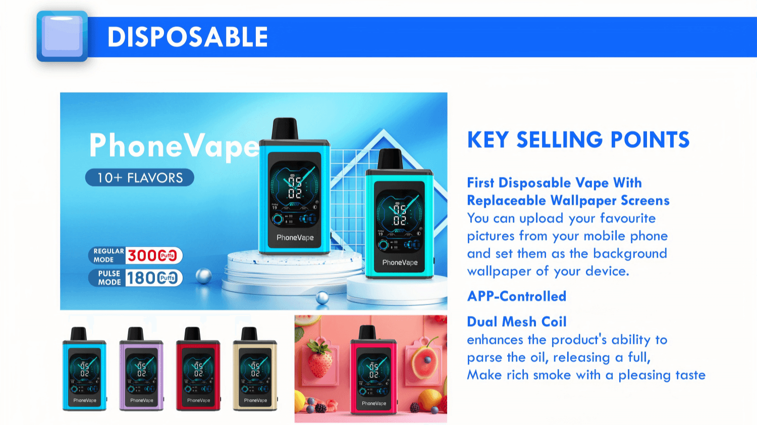 Anúncio do produto vape descartável "PhoneVape" com visor digital e diversas opções de cores, destacando recursos como telas de papel de parede substituíveis, controle de aplicativo e tecnologia de bobina de malha dupla.