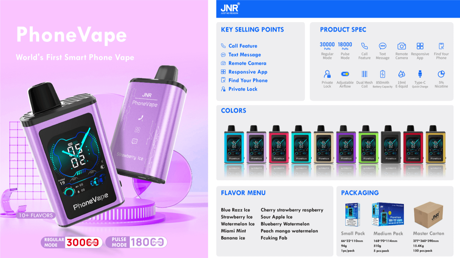 O primeiro vape para smartphone do mundo, chamado PhoneVape, apresenta recursos como chamada, texto, câmera remota e sabores. Disponível em várias cores com opções de embalagem.