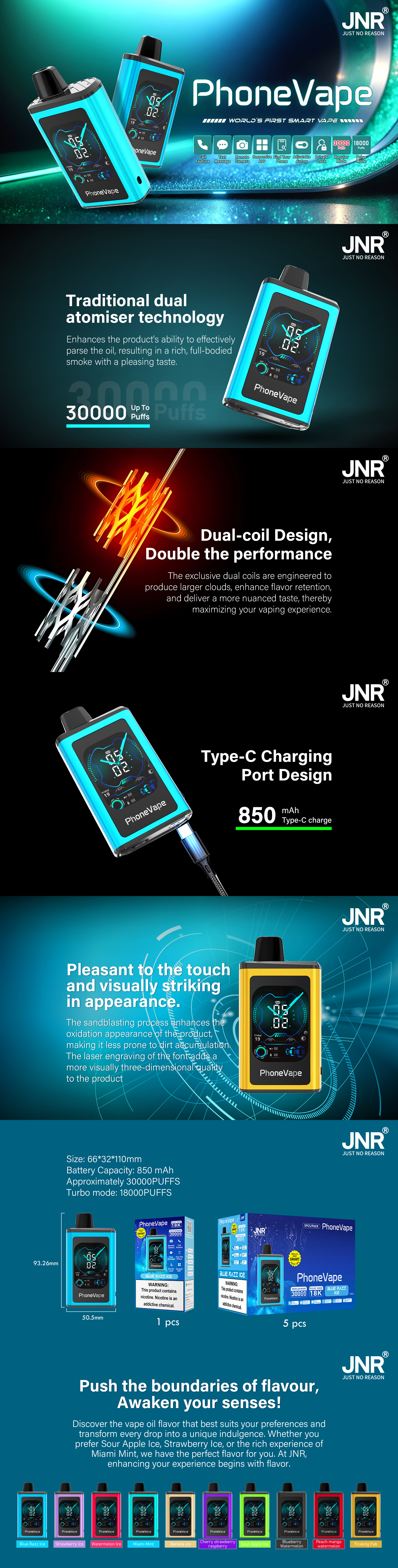 Dispositivo de vapor inteligente PhoneVape em caixa azul com um display digital mostrando o nível da bateria e a contagem de tragadas. Os recursos incluem tecnologia de atomizador de bobina dupla, carregamento Tipo C com bateria de 850mAh, até 30.000 tragadas e várias opções de sabor.