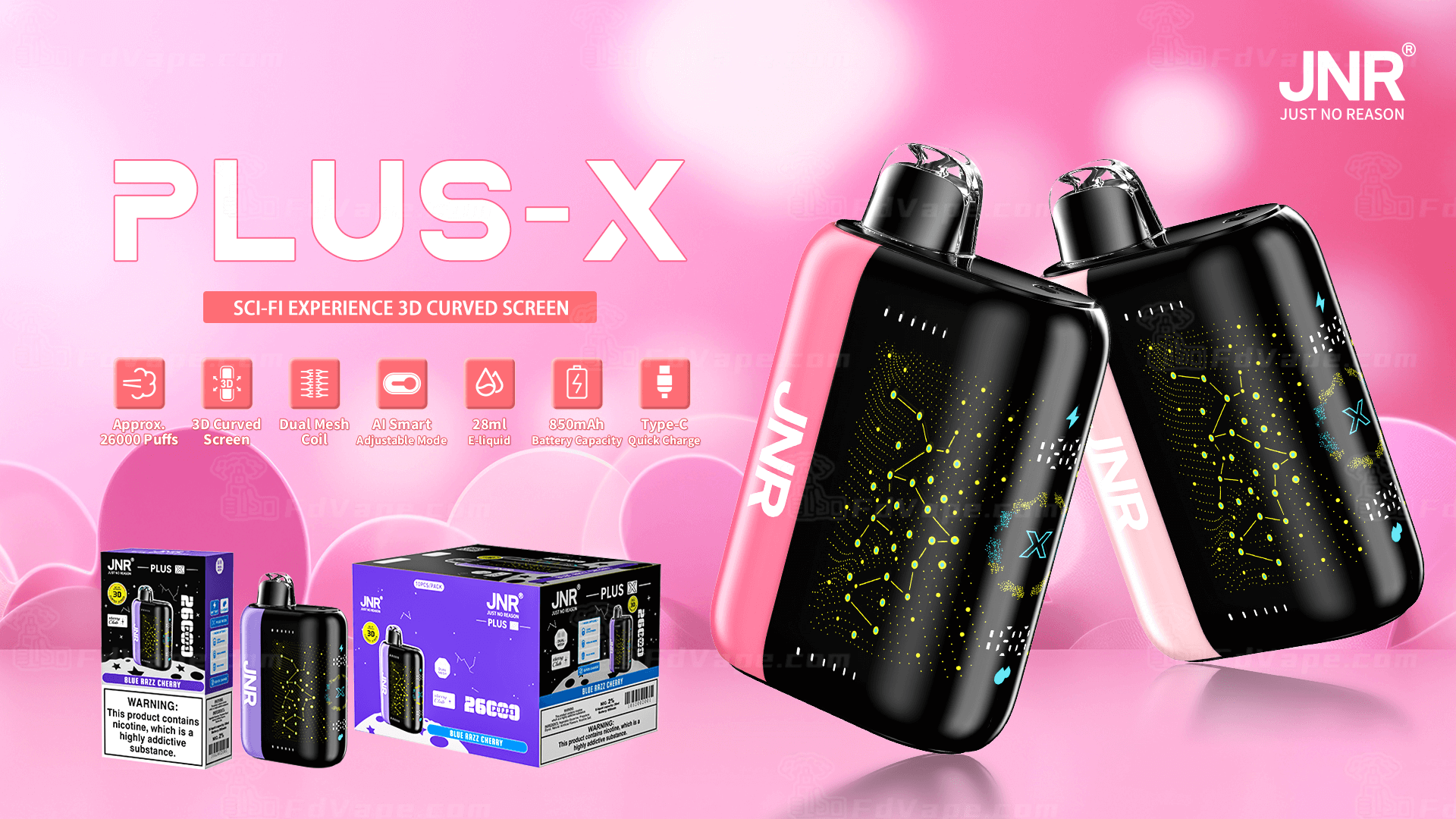 Texte alternatif : Publicité pour l'appareil de vapotage JNR Plus-X, présentant deux appareils avec des écrans incurvés sur fond rose, mettant en évidence des fonctionnalités telles que le mode intelligent AI, la bobine à double maille et une capacité d'e-liquide de 28 ml.