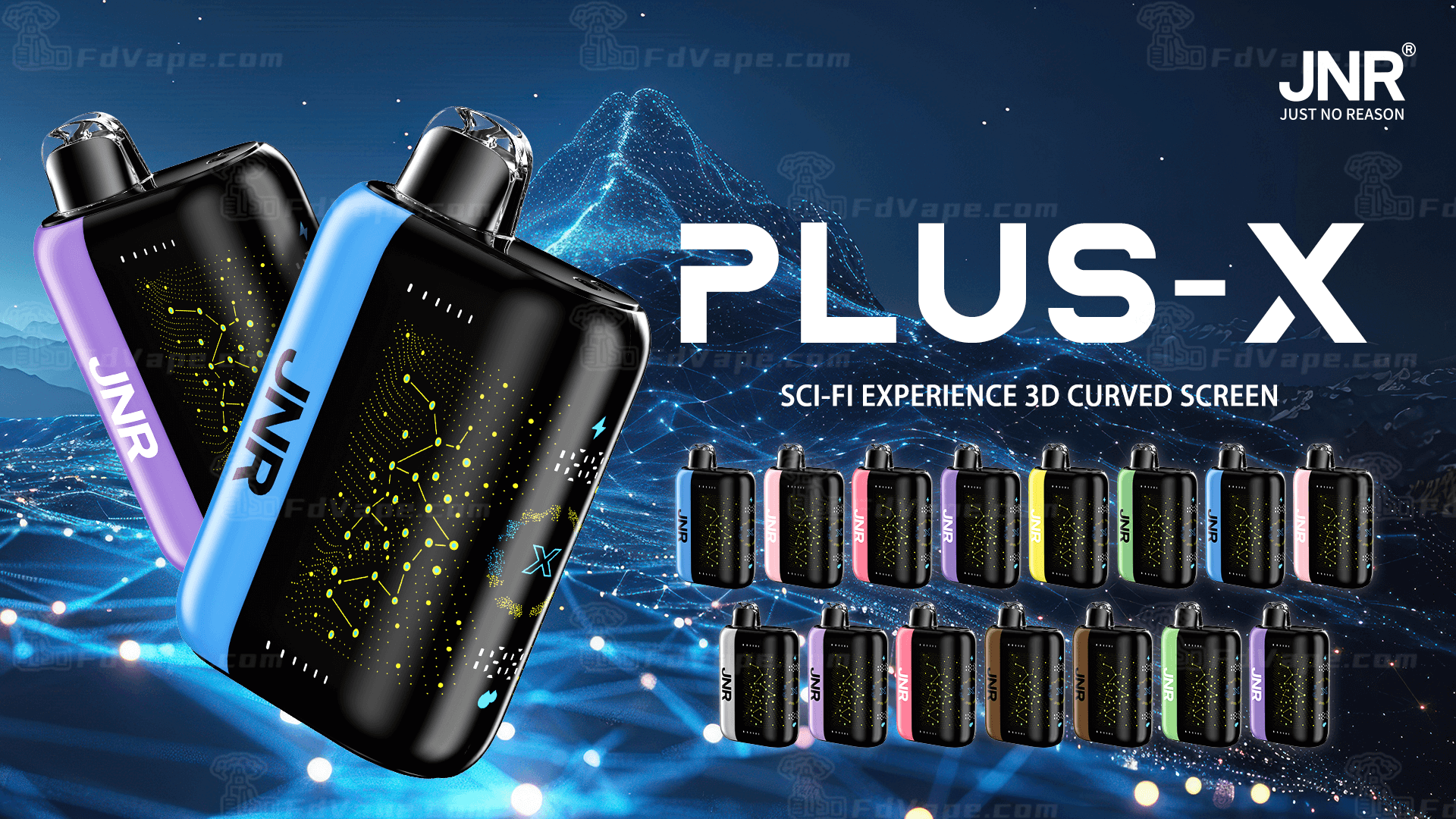 Appareils de vapotage « JNR PLUS-X » avec écrans incurvés 3D, designs colorés et graphismes futuristes sur un fond sur le thème de la science-fiction.