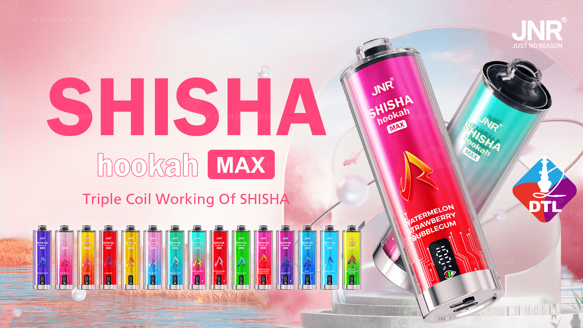 JNR Shisha Hookah Max advertisement showcasing various flavored bottles, highlighting "Triple Coil Working of Shisha" technology, with a decorative DTL logo.