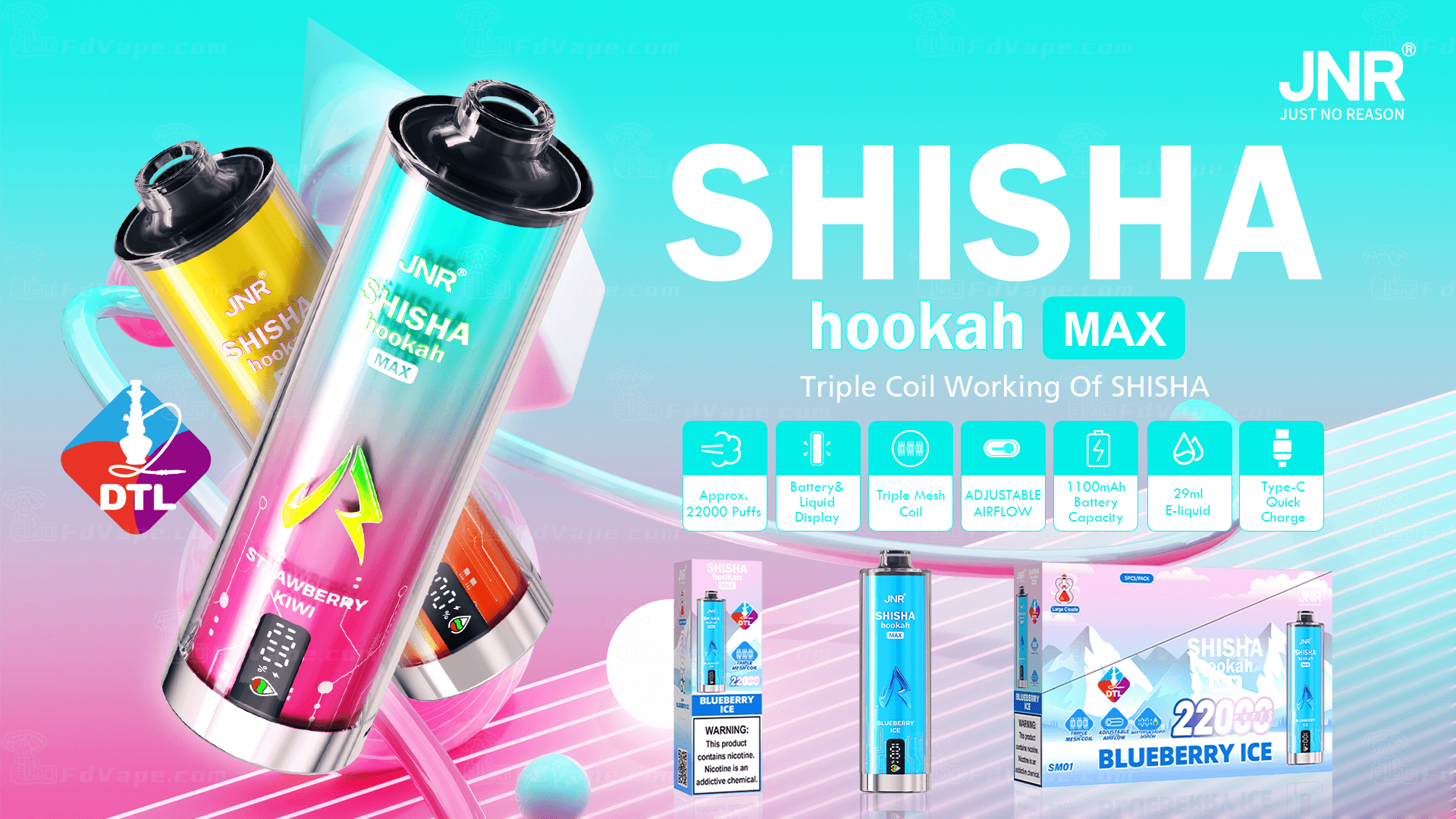 Colorful advertisement for JNR Shisha Hookah Max with features like triple coil, adjustable airflow, and 22000 puffs displayed.