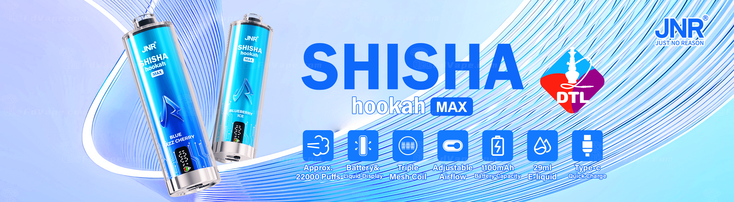 Advertisement for JNR Shisha Hookah Max, featuring two blue devices with product specs like 22,000 puffs, 1100mAh battery, adjustable airflow, and Type-C quick charge.