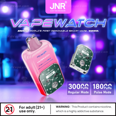 Testo alternativo: Pubblicità per un "Vapewatch" rosa di JNR, descritto come il primo smart vape rimovibile al mondo. Le caratteristiche includono un display con orologio e affermazioni di 30.000 tiri in modalità normale o 18.000 tiri in modalità pulsata. Contiene un avviso di nicotina ed è destinato ad adulti di età pari o superiore a 21 anni.