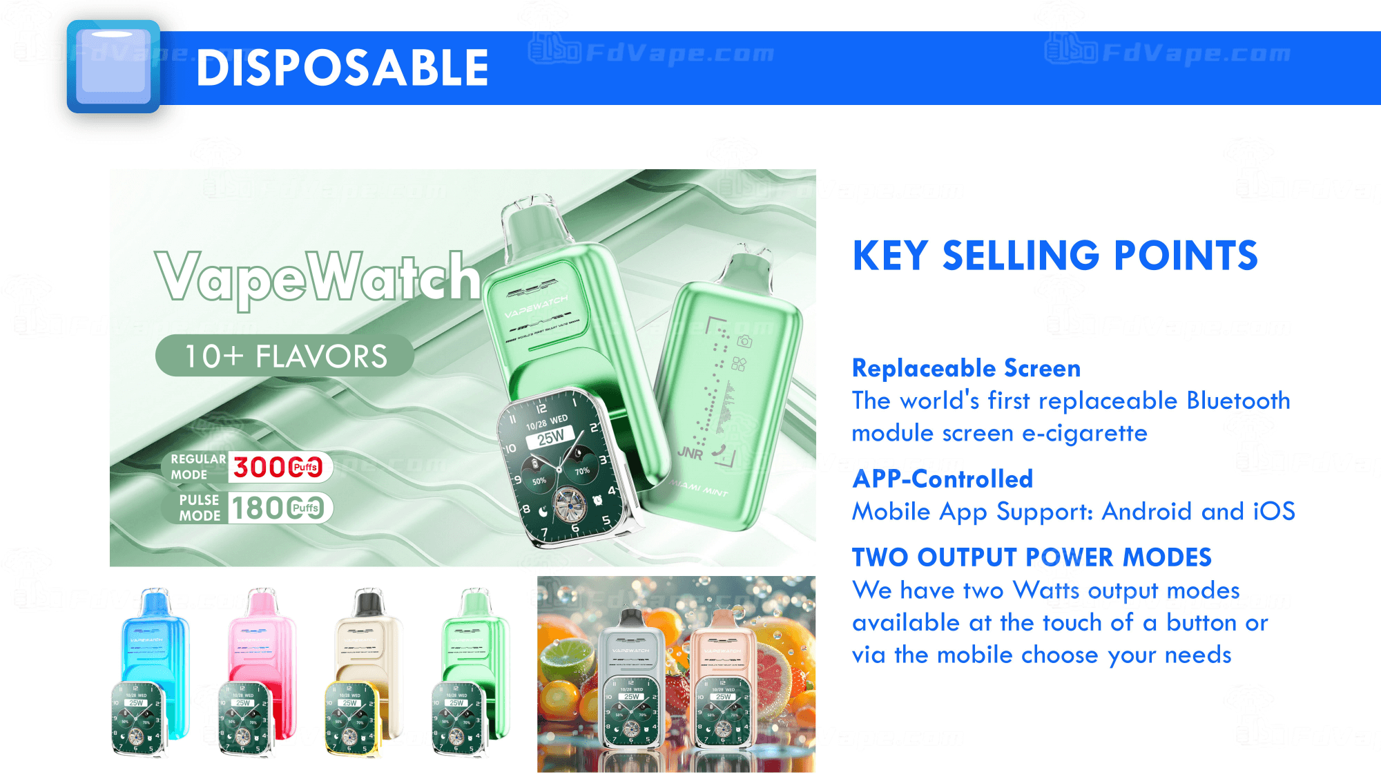 Image promotionnelle pour VapeWatch, une e-cigarette jetable avec plus de 10 saveurs, un écran remplaçable, un contrôle par application et deux modes de sortie.