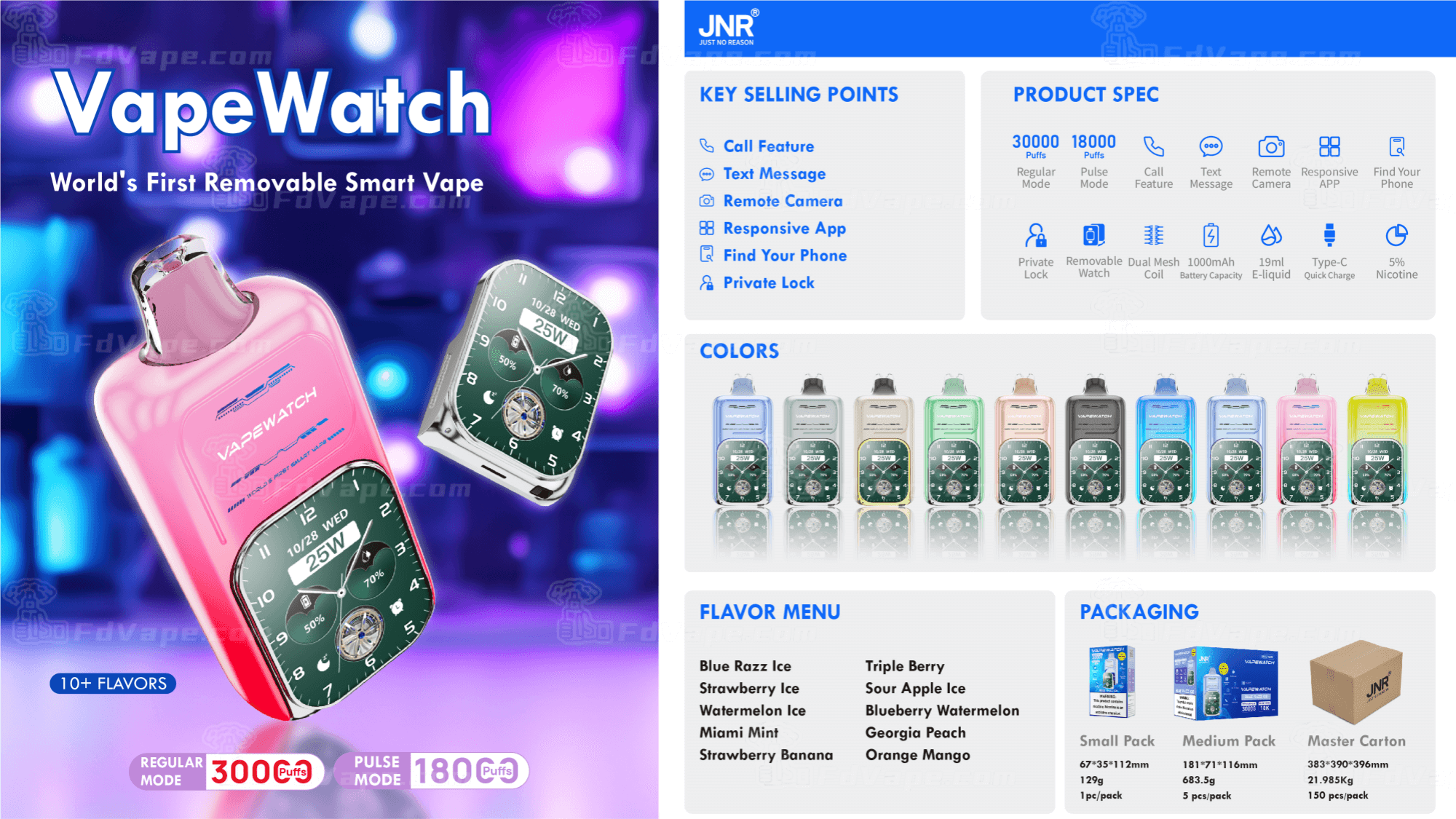 Publicité VapeWatch présentant un appareil rose avec un module intelligent détachable, des spécifications de produit, plusieurs options de couleurs et un menu de saveurs.