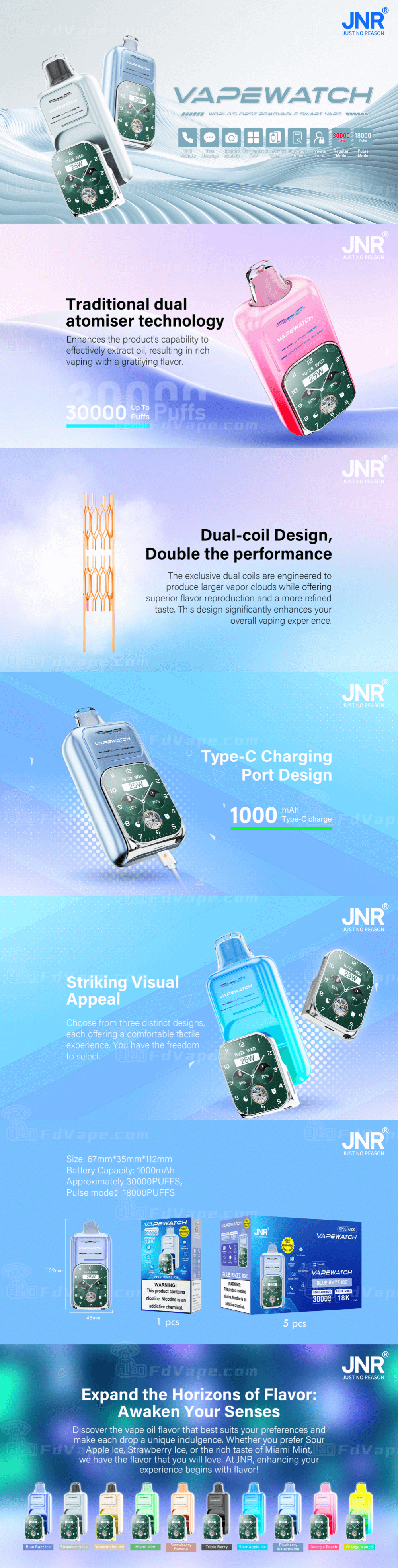 Publicité pour VAPEWATCH de JNR, qui propose des appareils de vapotage intelligents dotés d'une technologie traditionnelle à double atomiseur, d'une conception à double bobine et d'une charge de type C. Décrit l'attrait visuel et les options de saveur, avec plusieurs variantes de couleurs affichées.