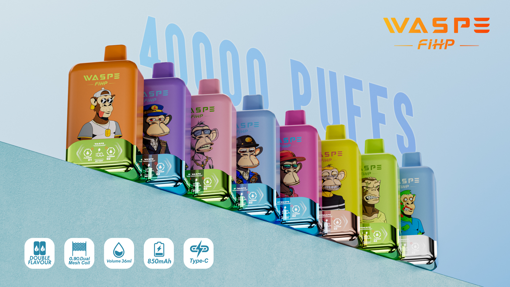 Colorful vape devices featuring cartoon ape characters, with branding "WASPE FIHP" and highlights of features like double flavor, 0.9Ω dual mesh coil, 36ml volume, 850mAh battery, and Type-C charging, promoting "40,000 PUFFS" against a light blue background.