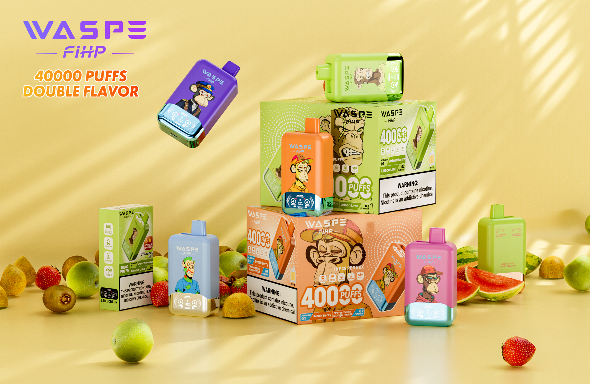 Colorful WASPE FiHP disposable vape devices and packaging displayed with fruits like strawberries, limes, and watermelon, featuring bold branding, "40,000 puffs," "double flavor," and monkey-themed graphics.