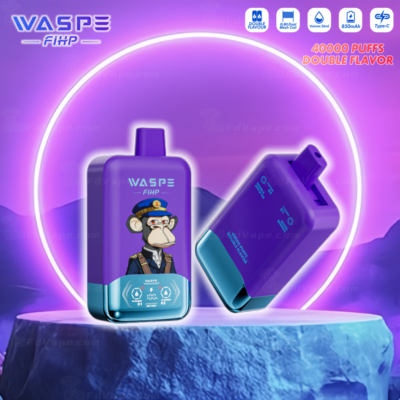 A purple disposable vape device labeled "WASPE FIHP" with a cartoon monkey in a captain's uniform, featuring 40,000 puffs, double flavor, Type-C charging, and a sleek design with digital display.