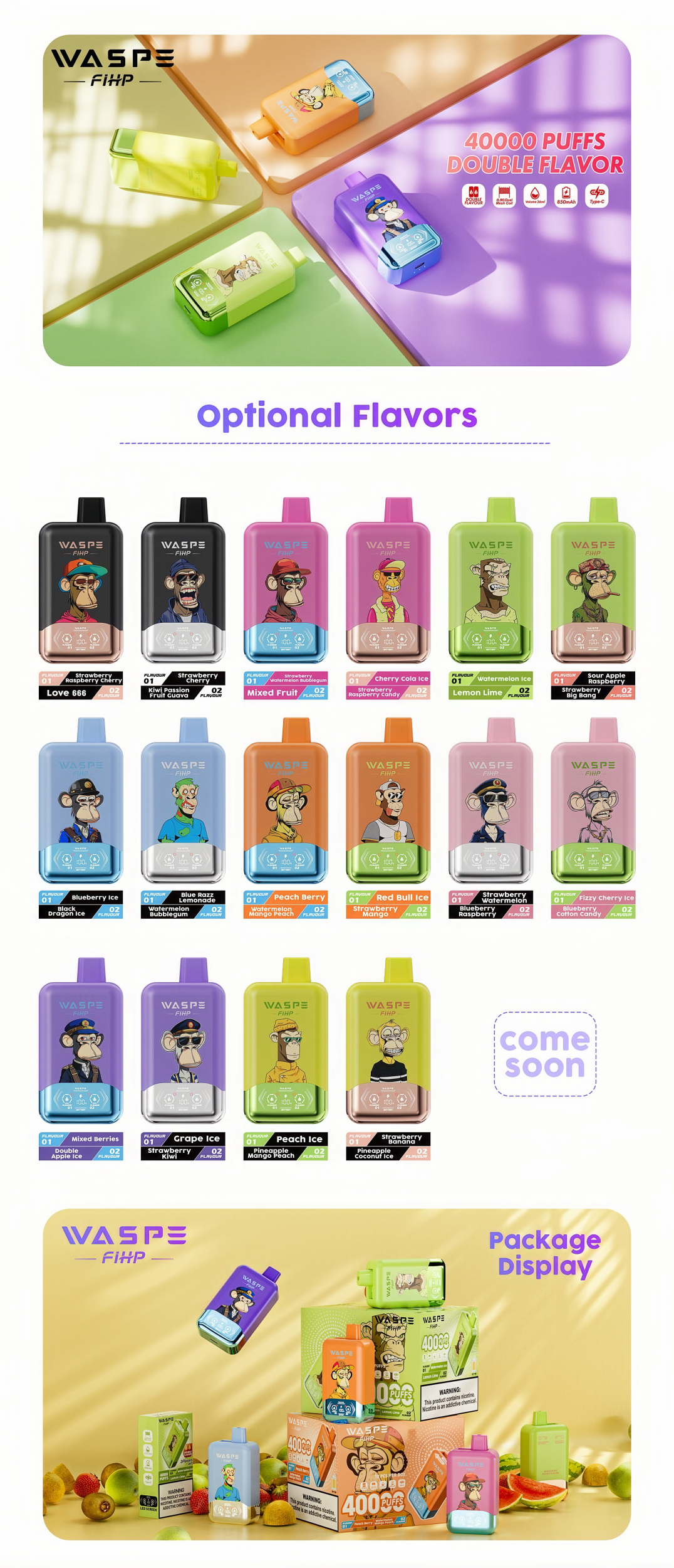 A selection of colorful disposable vape devices labeled "WASPE Flip" featuring 40,000 puffs and double flavor options, displayed with vibrant packaging and various flavor choices, each illustrated with cartoon characters.