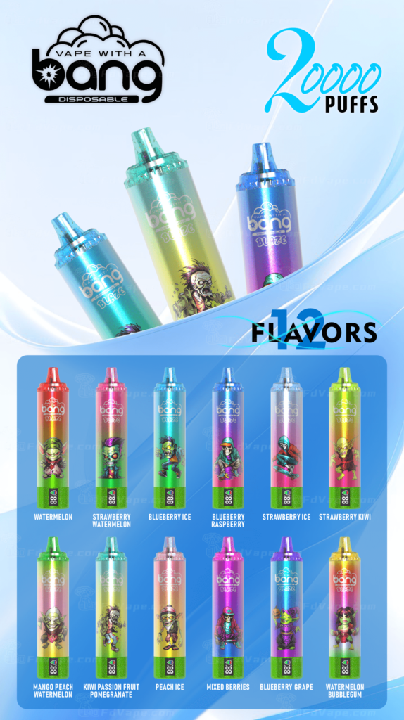 Dispositivos de vapeo desechables coloridos con la marca "Bang Blaze" que muestran 12 sabores, que incluyen sandía, sandía con fresa, arándano helado y bayas mixtas, con texto de 20.000 bocanadas.