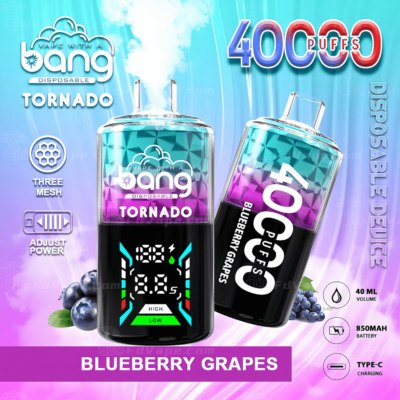 Vape jetable Bang Tornado, saveur raisin myrtille, 40 000 bouffées, avec puissance réglable, chargement Type-C, volume de 40 ml et batterie 850 mAh.