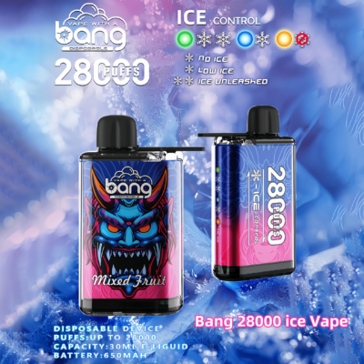 Bang 28000 Puff wegwerp-vape met instelbare ijsregeling, met een levendig ontwerp, gemengde fruitsmaak, 30 ml e-liquidcapaciteit en een 650 mAh-batterij.