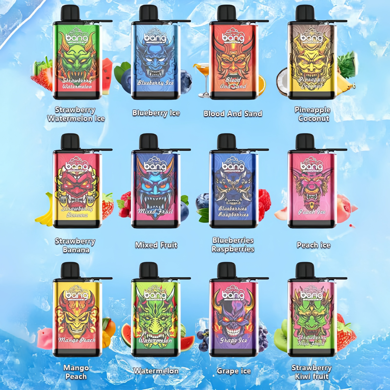 Een collectie kleurrijke wegwerp-vape-apparaten van het merk Bang met verschillende fruitsmaken, waaronder Strawberry Watermelon Ice, Blueberry Ice, Blood and Sand, Pineapple Coconut, Strawberry Banana, Mixed Fruit, Blueberries Raspberries, Peach Ice, Mango Peach, Watermelon, Grape Ice en Strawberry Kiwi Fruit, weergegeven tegen een blauwe achtergrond met ijs- en fruitafbeeldingen.