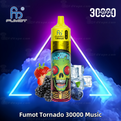 Fumot Tornado 30000 Music vape device with vibrant design featuring a green skull, surrounded by strawberries, blackberries, blueberries, and ice cubes, with neon purple and blue background.