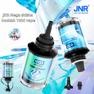 JNR Mega Shisha Hookah 100K vape device featuring a digital display, blueberry ice flavor branding, and detachable mouthpiece components, set against a liquid-themed background.