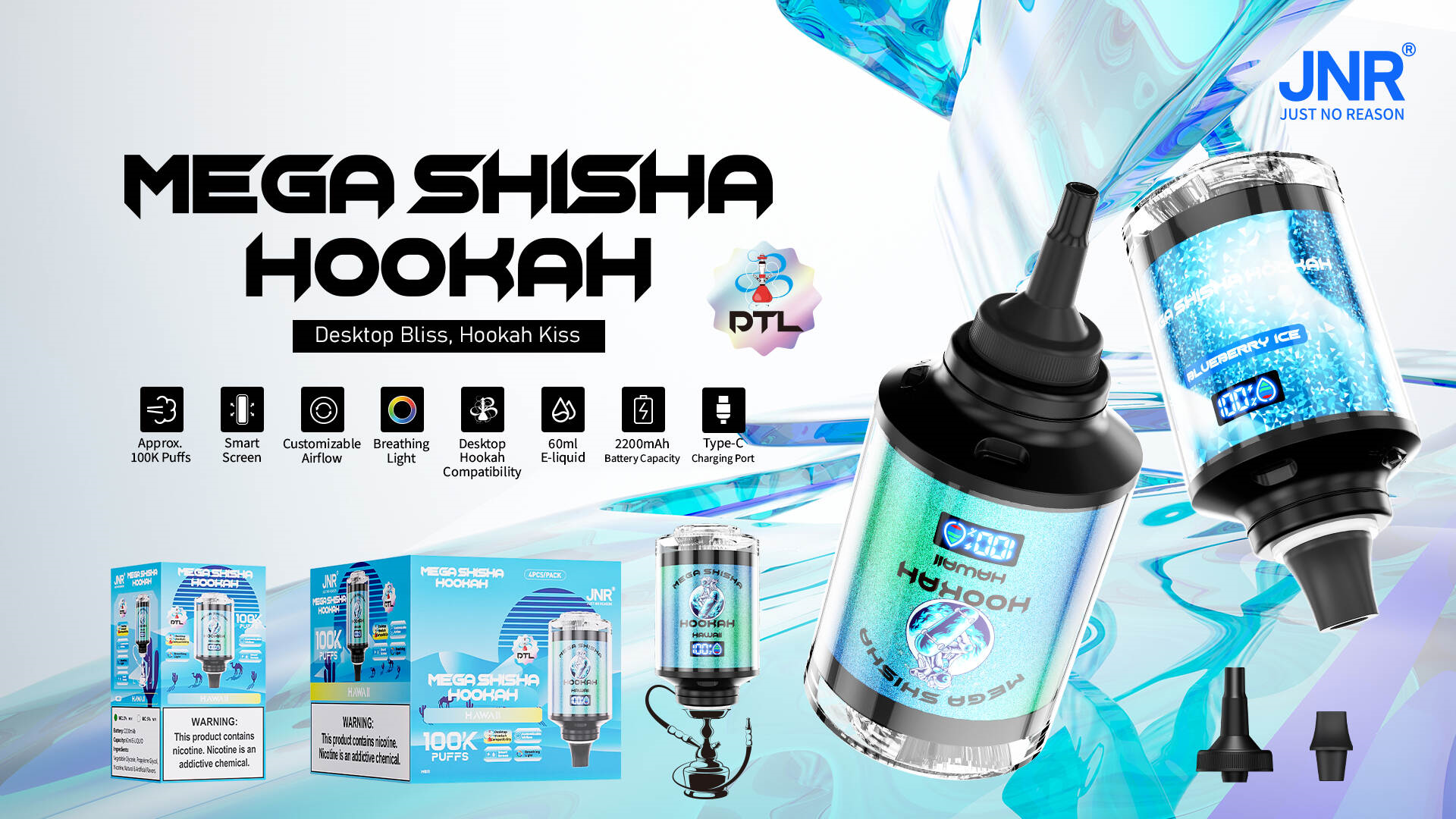 Promotiefoto van de "Mega Shisha Hookah" met productdetails, waaronder 100.000 trekjes, 60 ml e-liquidcapaciteit, 2200 mAh-batterij, Type-C-opladen, aanpasbare luchtstroom en compatibiliteit met desktop-waterpijpen, afgebeeld met verpakking en Blueberry Ice-smaak.