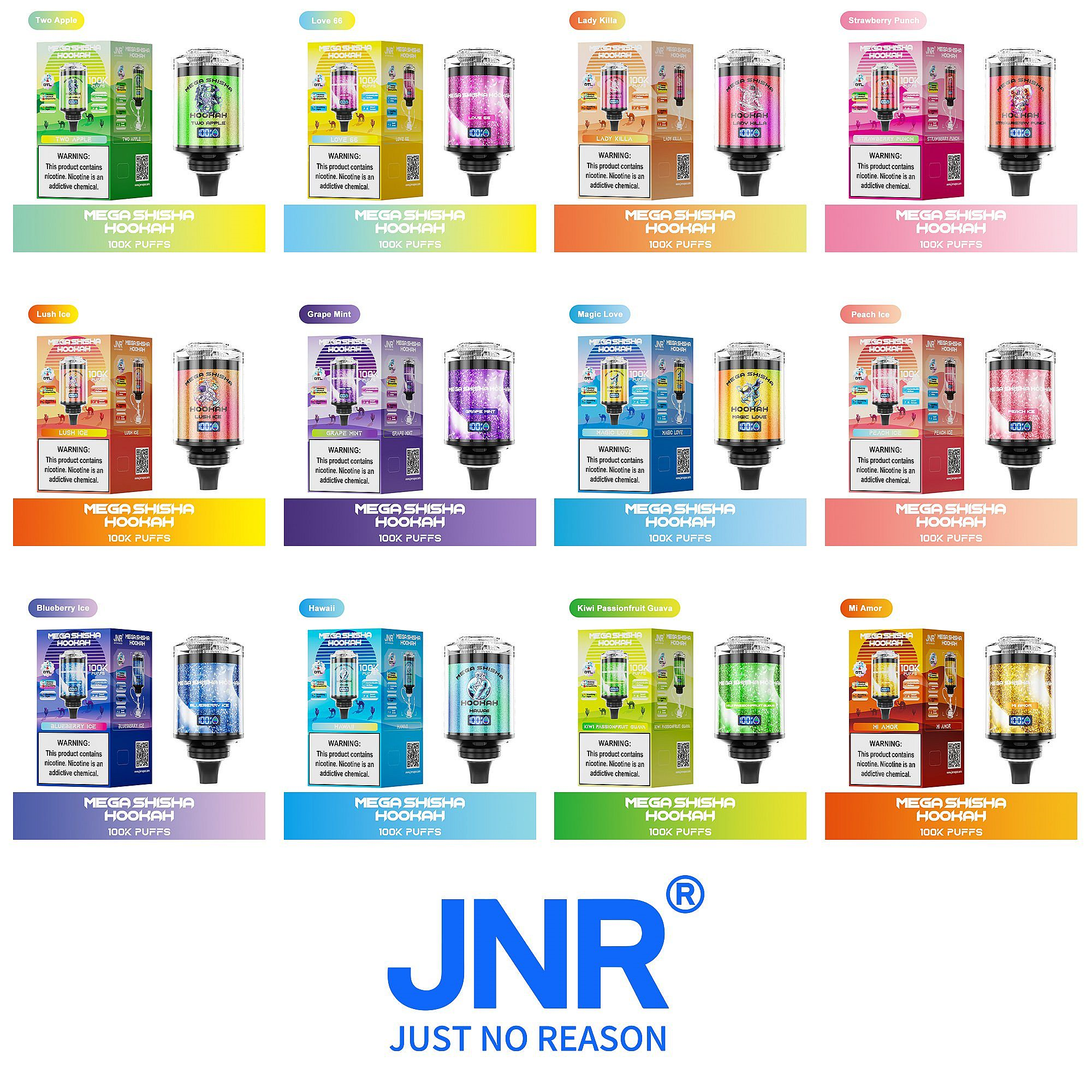 A collection of colorful disposable hookah devices labeled "Mega Shisha Hookah 100x Puffs" with various flavors, including Two Apple, Love 66, Lady Killer, Strawberry Punch, and more, displayed alongside their matching packaging, with the brand logo "JNR Just No Reason" at the bottom.