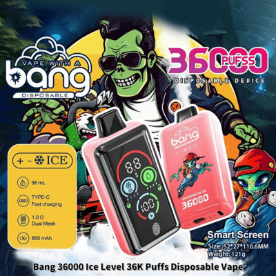 Promotional graphic for the Bang 36,000 Puff Disposable Vape, showcasing a vibrant design with a digital smart screen, watermelon ice flavor, and cartoon zombie-themed artwork.