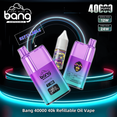 Promotional graphic featuring the Bang 40000 40k refillable oil vape in a vibrant purple and teal gradient design, alongside a grape ice flavored refill bottle and specifications highlighting 40,000 puffs, 12W normal mode, and 24W turbo mode.