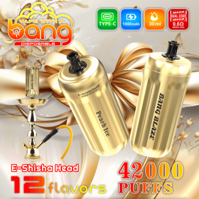 Immagine promozionale per un prodotto e-shisha usa e getta denominato "Bang", che offre 42.000 boccate, 12 gusti e caratteristiche quali la ricarica tramite USB Type-C e una batteria da 1000 mAh.