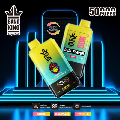 Promotional image for Bang King Dual Flavor electronic vape device, featuring a sleek rectangular design with digital display, bright blue and yellow gradient color scheme, and highlighting features such as 50,000 puffs, 50ml capacity, 850mAh battery, and Type-C compatibility in a futuristic background.