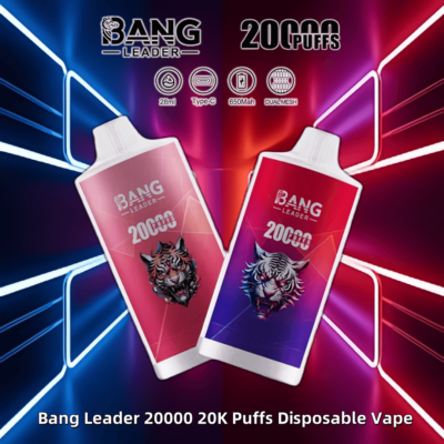 Image promotionnelle pour Bang Leader 20000 Puffs Disposable Vape présentant deux appareils à vapotage avec des motifs de tigre, entourés d'effets de lumière néon et de spécifications de produit.