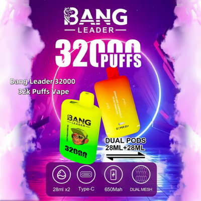 Imagem promocional do vape Bang Leader 32000 com texto em negrito dizendo "32.000 Puffs" e exibindo designs vibrantes de dois pods em um fundo com tema neon.