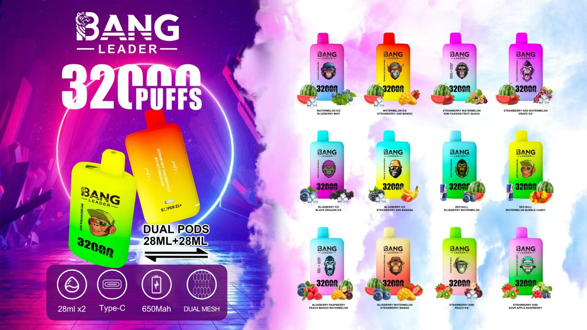 An advertising graphic for Bang Leader vape devices, featuring their 32000-puff dual pods with multiple flavor options shown, surrounded by colorful neon graphics on a vibrant background.