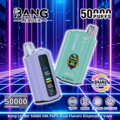 Pubblicità che presenta il Bang Leader 50000 Puff Disposable Vape con due gusti, display digitale e ricarica Type-C, su uno sfondo al neon vivace.