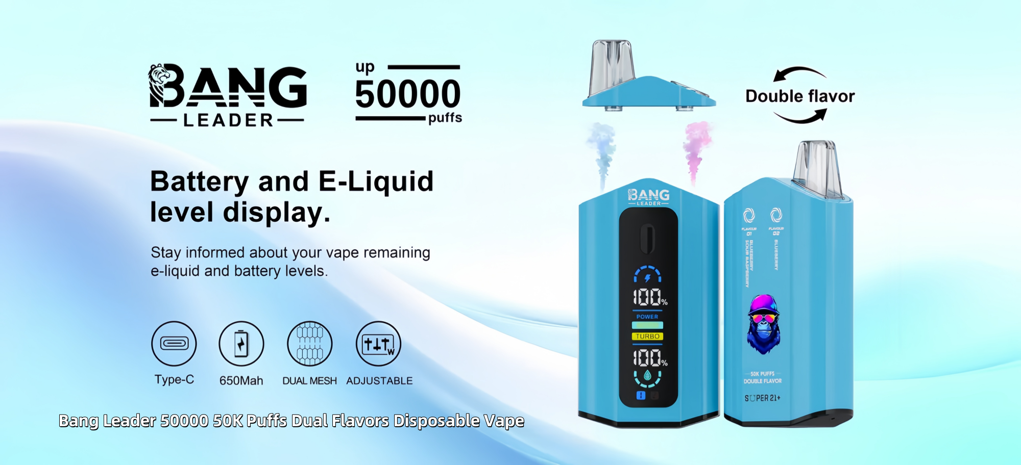 Image promotionnelle pour la vape jetable Bang Leader présentant un appareil bleu avec un affichage numérique, annonçant jusqu'à 50 000 bouffées, des indicateurs de niveau de batterie et d'e-liquide et une capacité de double saveur.