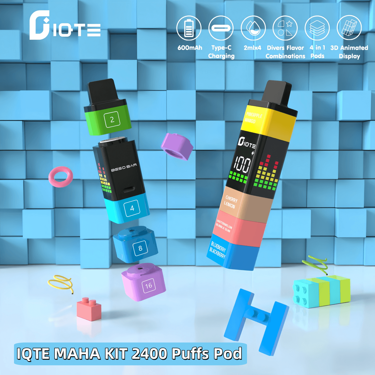 IQTE MAHA Kit 2400 Puffs Pod System 4-in-1 Flavors Combination Removable Disposable  Vape 3D Animated Display Factory Direct