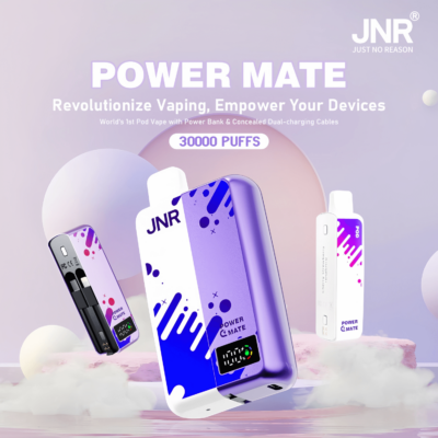 Promotional image for the JNR Power Mate pod vape featured in vibrant purple and white designs, highlighting its compact design, digital display, ability to offer 30,000 puffs, and built-in power bank functionality.