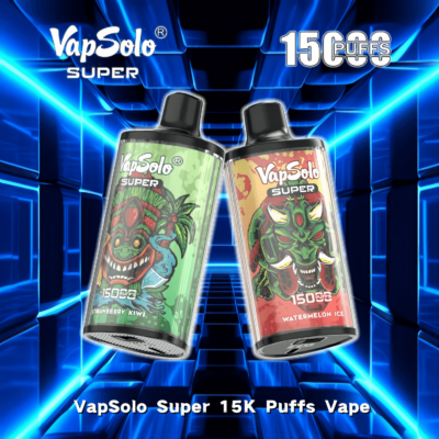 Two VapSolo Super vape devices, featuring colorful and vibrant designs representing Strawberry Kiwi and Watermelon Ice flavors, displayed against a futuristic blue grid background with text highlighting 15000 puffs capacity.