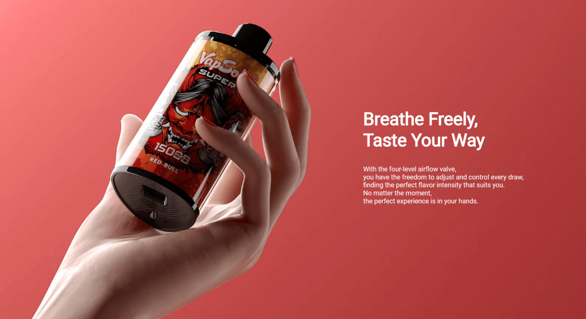 Een hand houdt een donkergekleurd wegwerp-vape-apparaat vast tegen een rode achtergrond, met de vetgedrukte tekst 'Breathe Freely, Taste Your Way' en daaronder een beschrijving van de functies voor het aanpassen van de luchtstroom.