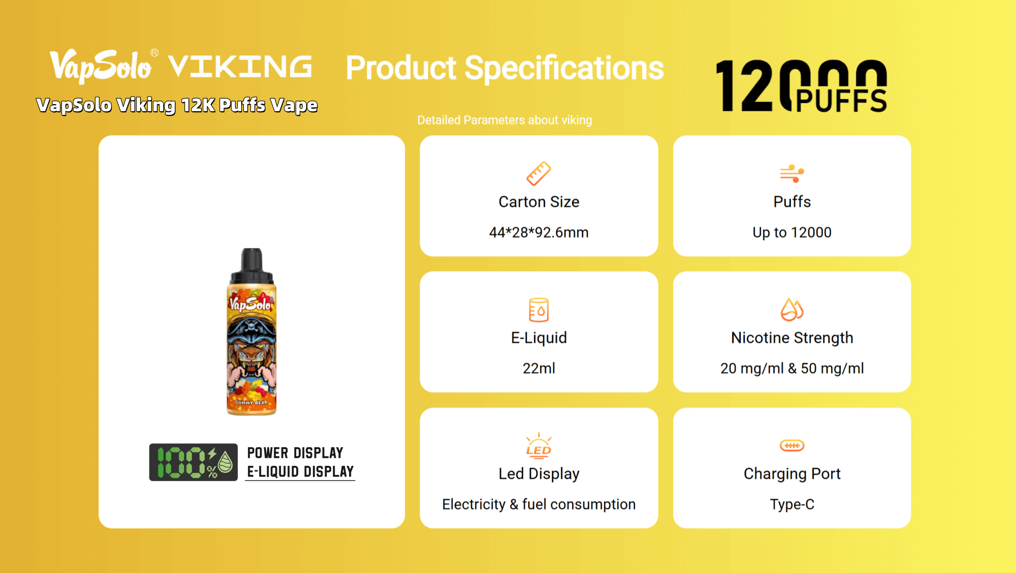 Gráfico de información del producto para el vaporizador VapSolo Viking 12,000 Puffs, que detalla especificaciones como capacidad de 22 ml de líquido electrónico, concentración de nicotina de 20 mg/ml y 50 mg/ml y un puerto de carga tipo C, todo ello mostrado sobre un fondo amarillo.