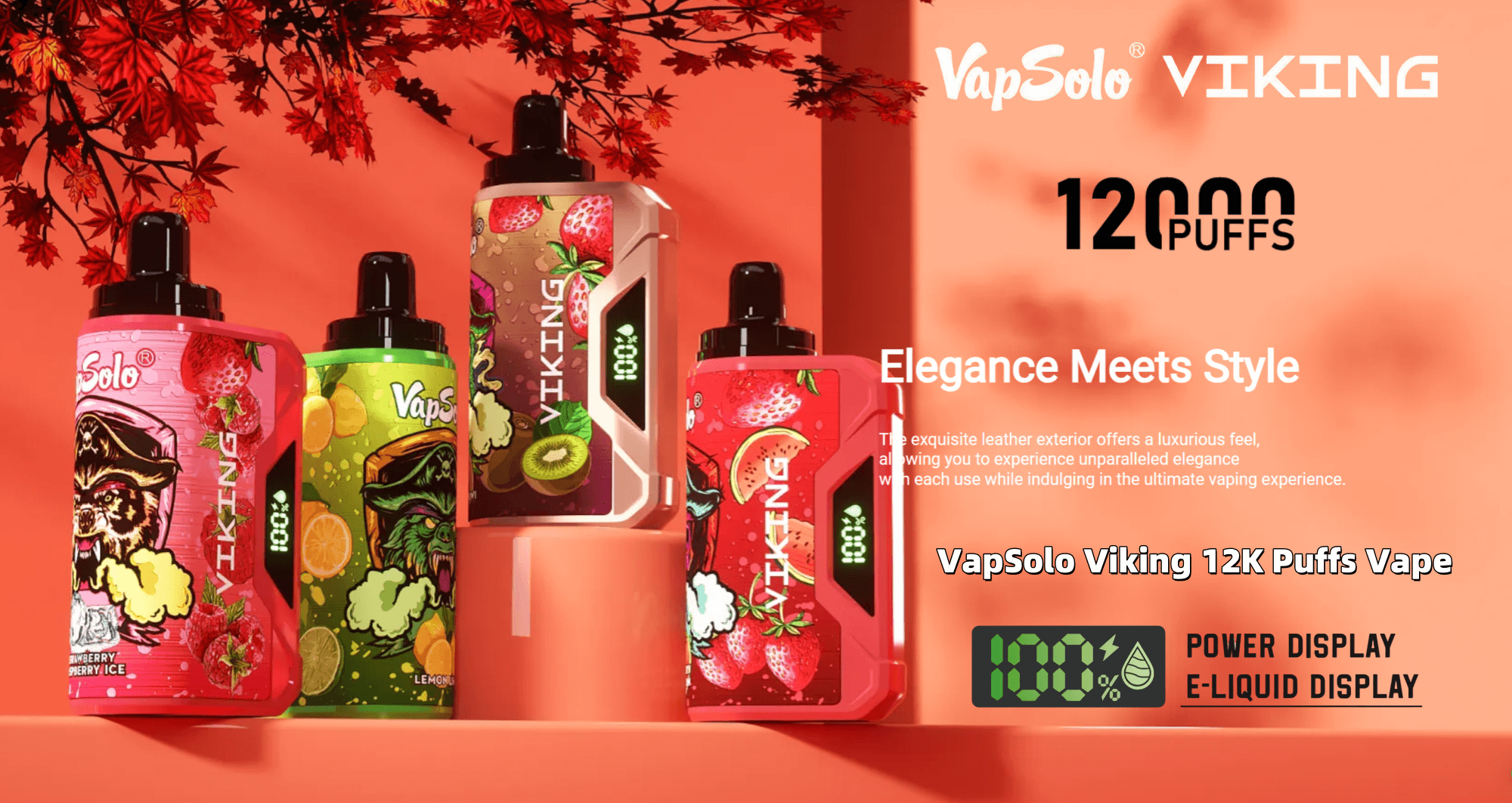 A promotional image showcasing four VapSolo Viking e-cigarette models, each with vibrant designs and flavor indications, on a stylized red backdrop with maple leaves and text highlighting its 12,000-puffs capacity and a power display feature.