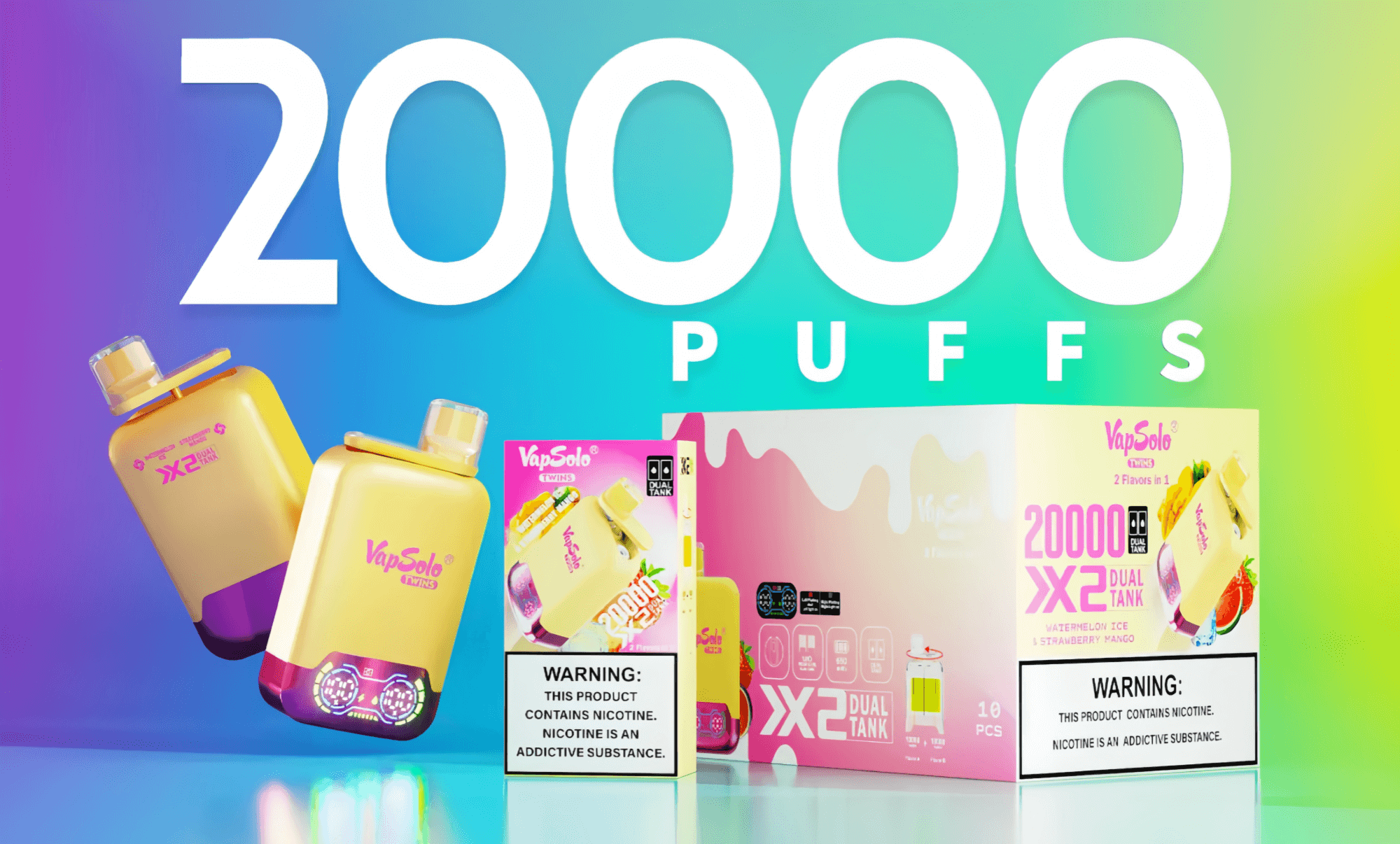 Promotional image showcasing VapSolo Twins dual tank vape with 20,000 total puffs, featuring watermelon ice and strawberry mango flavors, with product packaging displayed alongside a bold gradient background.