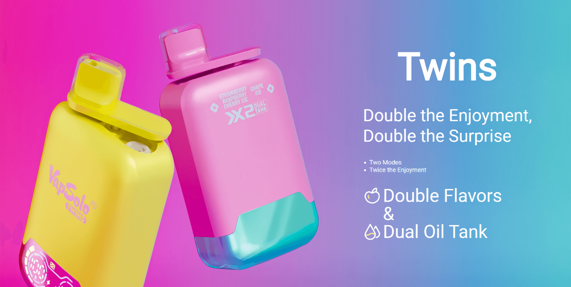 Imagen publicitaria de VapSolo Twins, que muestra dispositivos de vapeo de dos colores con doble sabor y características de tanque de aceite doble sobre un fondo degradado de rosa y azul.