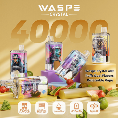 Promotional image showing Waspe Crystal 40K disposable vapes in multiple designs with colorful graphics, displayed on pedestals among fruits, highlighting features like 40,000 puffs, dual flavors, 850mAh battery, Type-C charging, and 32ml liquid capacity.