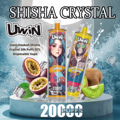 Promotional image showing two Uwin brand disposable vape devices with colorful designs labeled as 'Love 66' and 'Kiwi Passion Fruit Guava,' surrounded by passionfruit, kiwi, ice cubes, and a light blue background, highlighting 20,000 puffs.