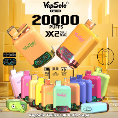 Colorful VapSolo Twins vape devices in various shades, highlighted with features such as 20,000 puffs capacity, dual tanks, and 650mAh battery, displayed in a promotional setting.