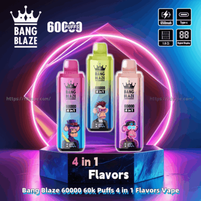 Three colorful 'Bang Blaze 60000 puffs' vape pens with cartoon monkey designs displayed against a futuristic neon backdrop, highlighting 60,000 puffs capacity, 4-in-1 flavors, and featuring a 650mAh battery, Type-C charging, 1.0Ω coil, and digital display.