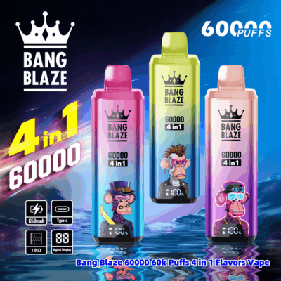 Promotional image featuring Bang Blaze disposable vapes, offering 60,000 puffs, 4-in-1 flavors, with colorful designs and ape-themed graphics.