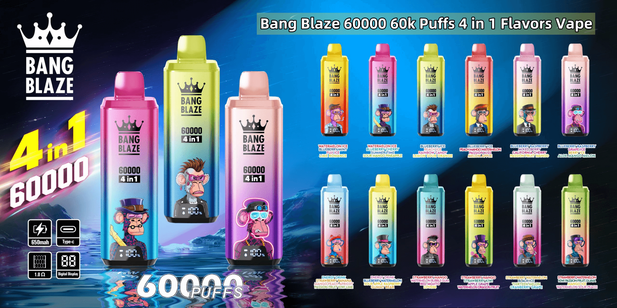 An advertisement for Bang Blaze 60000 puffs vape device showcasing two large vape pens with colorful designs and digital displays alongside smaller pens, offering various flavor combinations like watermelon ice and blueberry mint, against a dynamic backdrop with product specifications like battery capacity and charging type.
