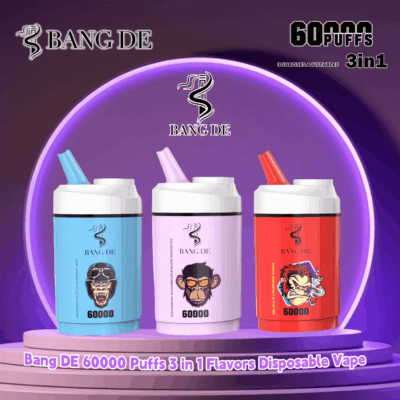 Three Bang DE 60k disposable vape devices with 60,000 puffs displayed on a purple platform, featuring colorful designs including a blurred face, a geometric monkey, and an animated lion head, against a stylized backdrop with text indicating they've three adjustable flavors.