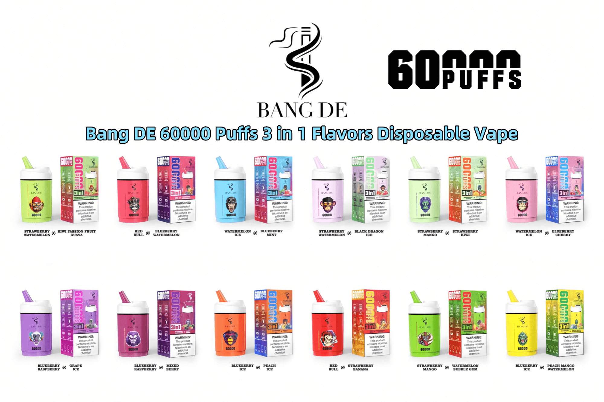 Array of Bang DE 60000 Puffs 3 in 1 disposable vapes in various flavors including strawberry watermelon, red bull, blueberry mint, strawberry mango, and more, with colorful packaging featuring warning labels and the product logo.